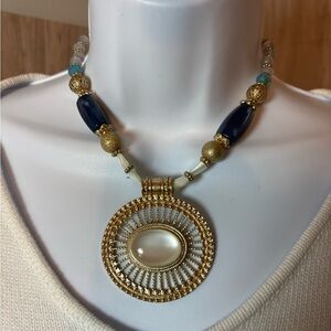 Moon Stone Gold and Blue Statement Necklace